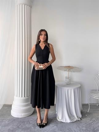 Dore Pileli Düğme Detay Midi Elbise	