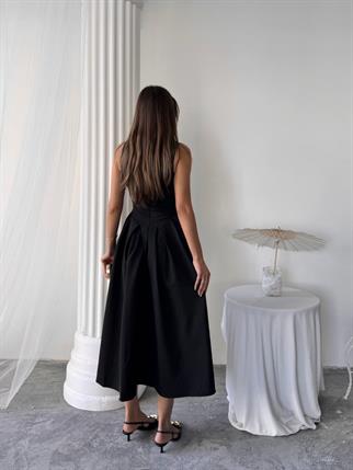 Dore Pileli Düğme Detay Midi Elbise	