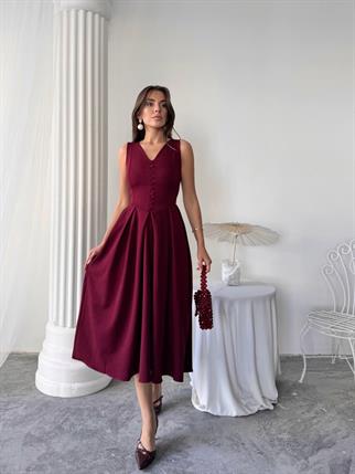 Dore Pileli Düğme Detay Midi Elbise	