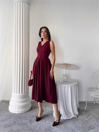 Dore Pileli Düğme Detay Midi Elbise	