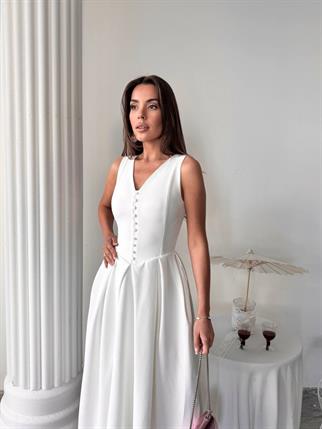 Dore Pileli Düğme Detay Midi Elbise	