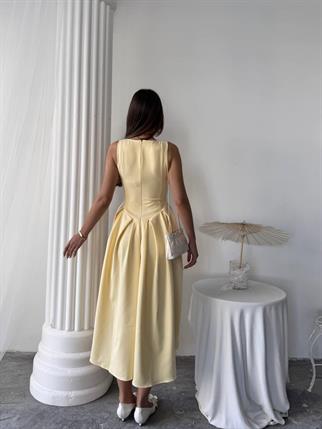 Dore Pileli Düğme Detay Midi Elbise	