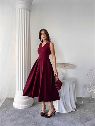 Dore Pileli Düğme Detay Midi Elbise	