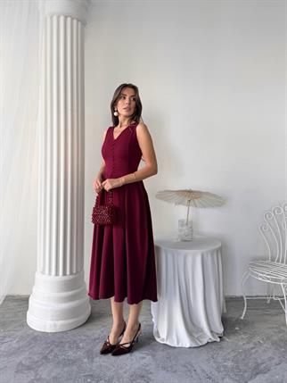 Dore Pileli Düğme Detay Midi Elbise	