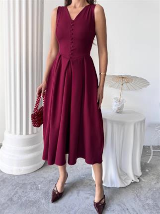 Dore Pileli Düğme Detay Midi Elbise	