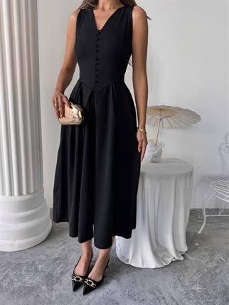 Dore Pileli Düğme Detay Midi Elbise	