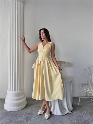 Dore Pileli Düğme Detay Midi Elbise	