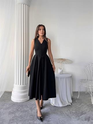 Dore Pileli Düğme Detay Midi Elbise	