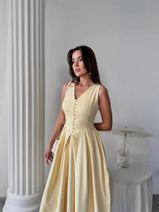 Dore Pileli Düğme Detay Midi Elbise	