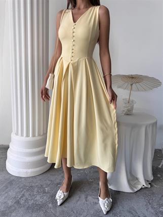 Dore Pileli Düğme Detay Midi Elbise	