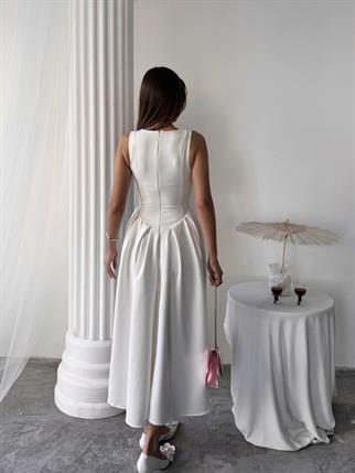 Dore Pileli Düğme Detay Midi Elbise	