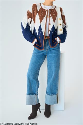 Düğmeli Baklava Desen Cep Detay Hırka