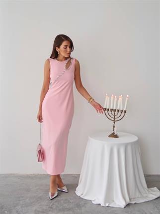 Mona Taş Detay Atlas Kumaş Uzun Elbise