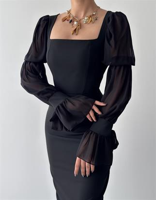 Hare Kolları Fırfır Detaylı Elbise