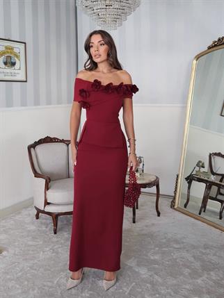 Rina Tasarım Çiçek Detay Uzun Elbise