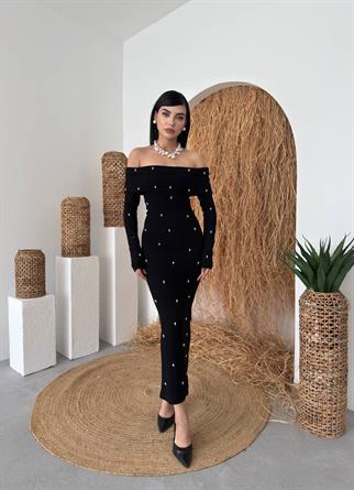 Marvella İnci Boncuk Detay Straplez Uzun Elbise