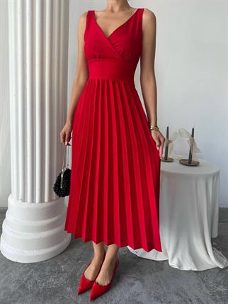 Alyosa Pileli V Yaka Midi Elbise