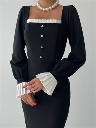 Kadın Tasarım Düğme Detay Manşet Kol Midi Elbise