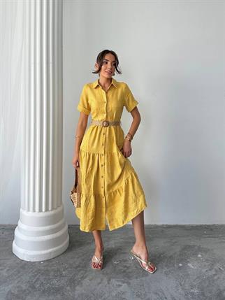 Sofya Keten Kemerli Midi Elbise