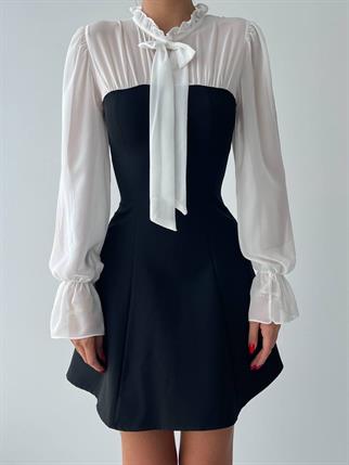 Siyah Beyaz Kontrastlı Şifon Kollu Kurdele Yaka Mini Elbise