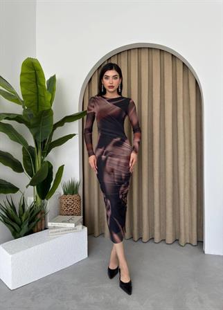 Davina Tül Tasarım Uzun Kollu Midi Elbise