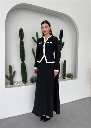 Vera Uzun Kollu Düğme Detay Uzun Elbise