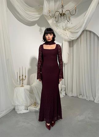 Olin Şallı Dantel Uzun Elbise