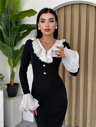 Liplan Yaka Fırfırlı Midi Boy Elbise