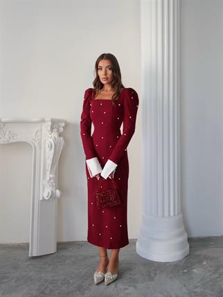 Kadın Tasarım İnci Taşlı Manşet Kol Detay Uzun Elbise