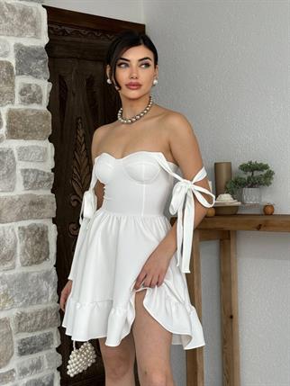 Kalın Askılı Bağlamalı Gloplu Mini Elbise
