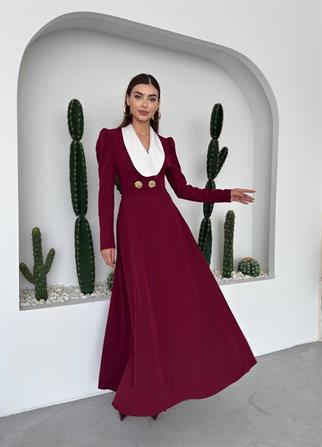 Velora Düğme Detay Vatkalı Uzun Elbise