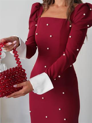 Kadın Tasarım İnci Taşlı Manşet Kol Detay Uzun Elbise