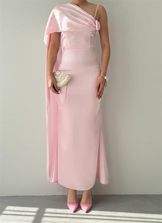 Junas Yaka Kuşağı Detaylı Saten  Elbise