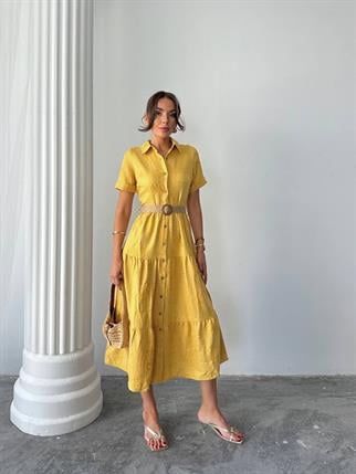 Sofya Keten Kemerli Midi Elbise