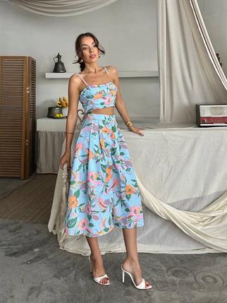 Dalia Çiçek Baskılı Keten Midi Elbise