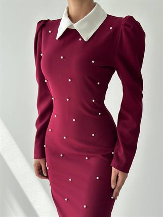 Perlina İnci Boncuk Detay Gömlek Yaka Uzun Elbise