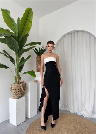 Straplez Yırtmaçlı Atlas Uzun Elbise