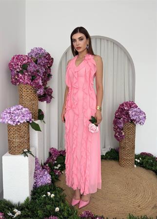 Lotus Şifon Fırfır Detay Uzun Elbise