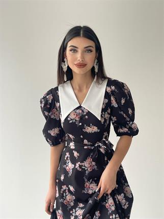 Edna Sivri Yaka Retro Elbise-8084sıyah
