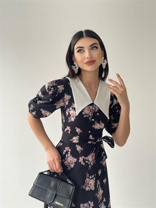 Edna Sivri Yaka Retro Elbise-8084sıyah