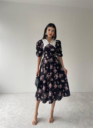 Edna Sivri Yaka Retro Elbise-8084sıyah
