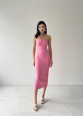 Edna Straplez Midi Boy Elbise - Pembe