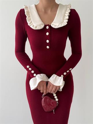 Arlena Retro Fırfır Detay Uzun Triko Elbise