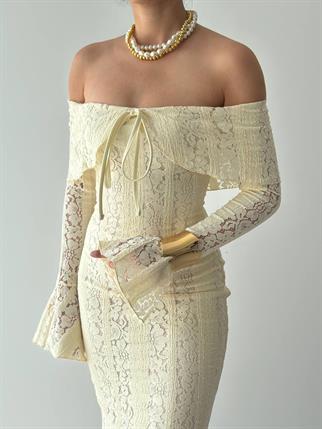 Lumina Dantel Kumaş Açık Omuz Uzun Elbise