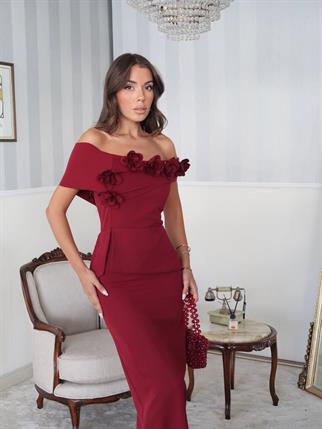 Rina Tasarım Çiçek Detay Uzun Elbise