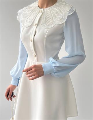 Ravena Dantel Yaka Şifon Kol Detay Mini Elbise