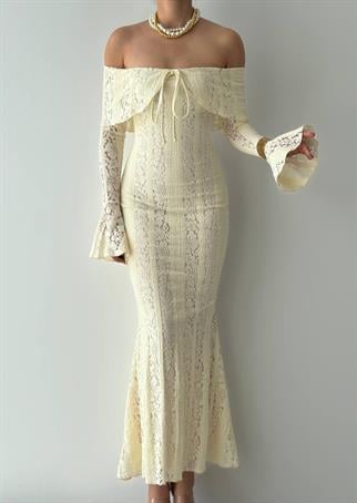 Lumina Dantel Kumaş Açık Omuz Uzun Elbise