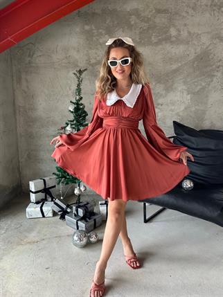 Evie Bebe Yaka Saten Elbise - Kahve