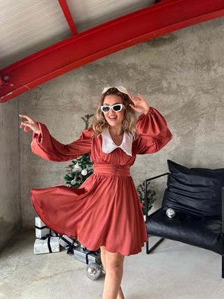 Evie Bebe Yaka Saten Elbise - Kahve