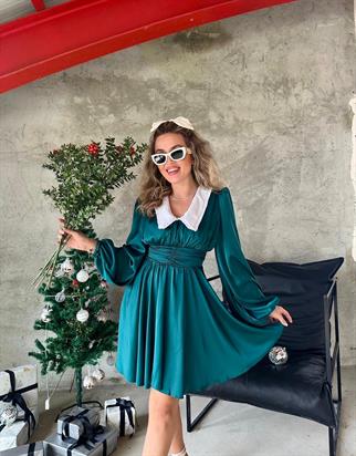 Evie Bebe Yaka Saten Elbise - Yeşil